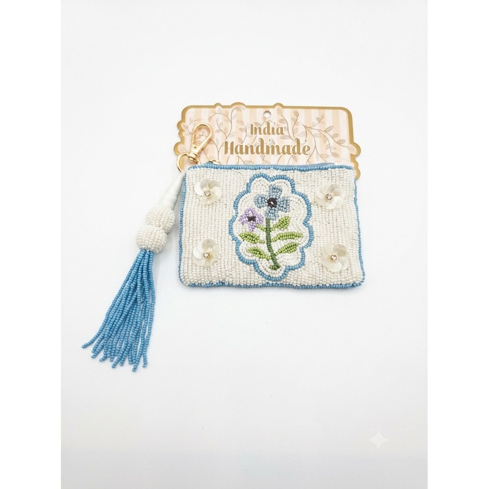 India Handmade Floral Beaded Coin Purse Tassel Bag Charm Blue White Flower NEW